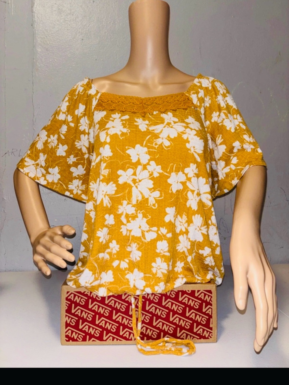 Women’s Yellow Floral Square-Neck Blouse with Crochet Trim